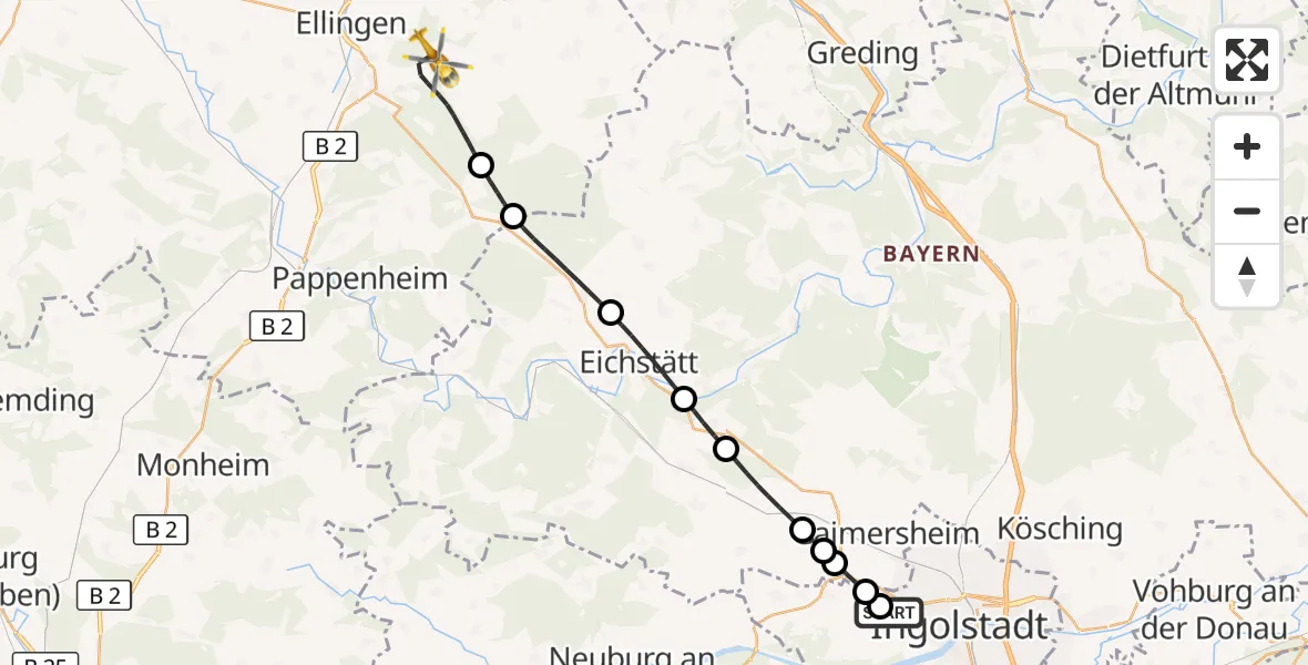 Flugroute Rettungshubschrauber Ingolstadt Hospital - Weißenburg i.Bay., 05 Juli 2026, 18:36