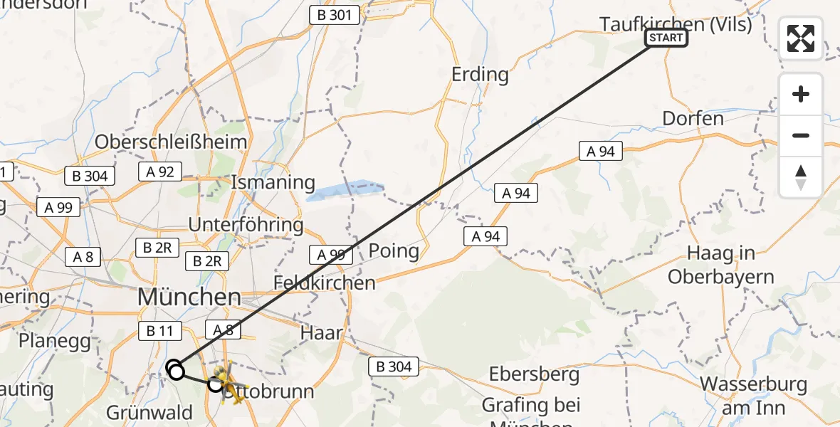 Flugroute Rettungshubschrauber Taufkirchen (Vils) - Unterhaching, 05 Juli 2026, 18:40