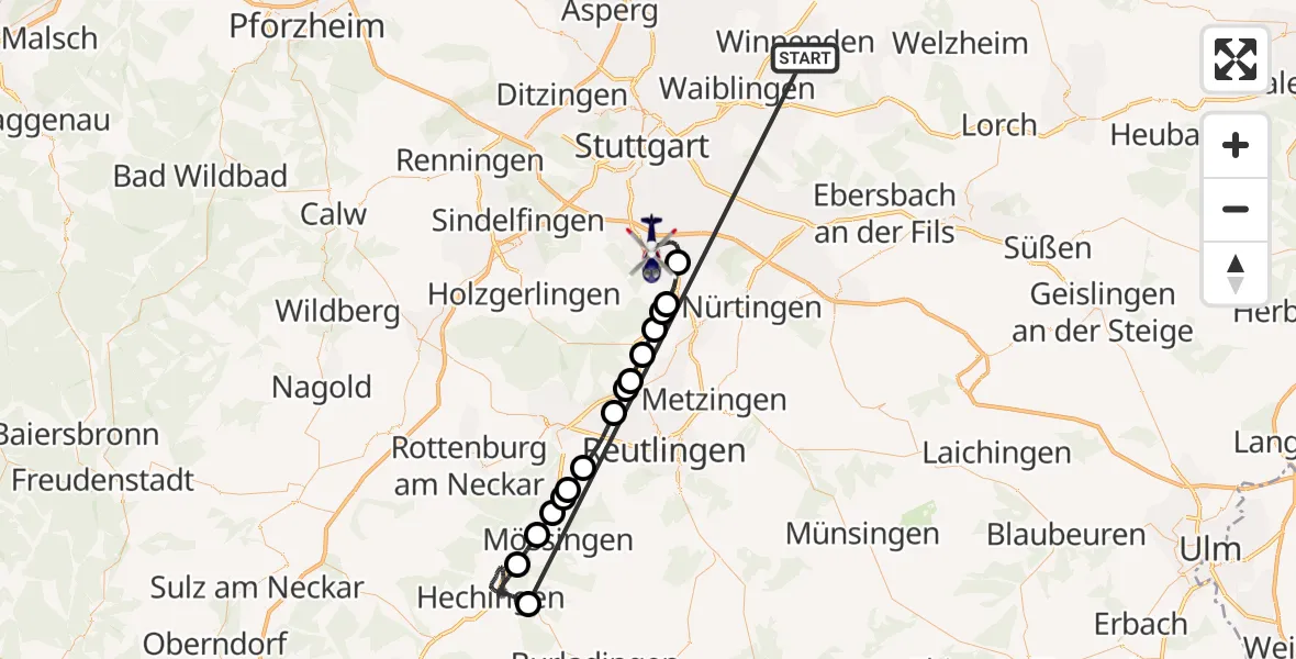 Flugroute Polizeihubschrauber Winnenden - Flughafen Stuttgart, 05 Juli 2026, 18:48