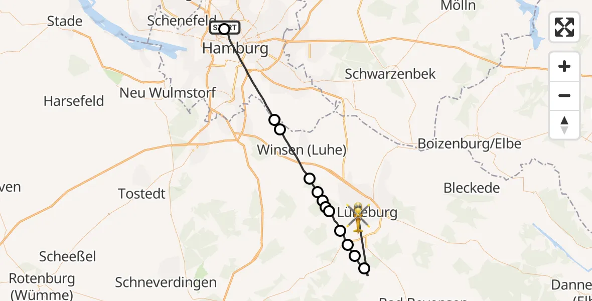 Flugroute Rettungshubschrauber Universitätsklinikum Hamburg-Eppendorf Hubschrauberlandeplatz - Lüneburg, 05 Juli 2026, 19:06