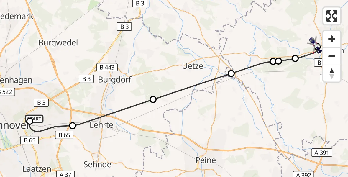 Flugroute Polizeihubschrauber Hannover Luftrettung Hubschrauberlandeplatz (Christoph 4) - Gifhorn Bundespolizei Hubschrauberlandeplatz, 05 Juli 2026, 19:06