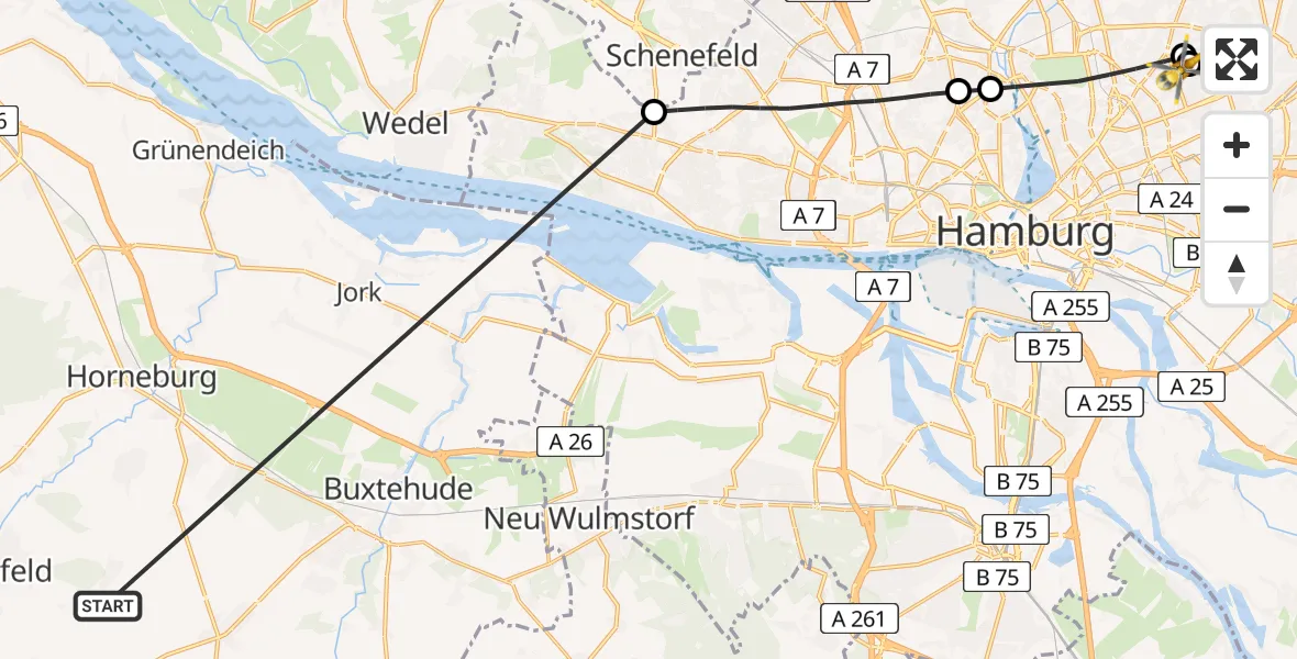 Flugroute Rettungshubschrauber Harsefeld - Hamburg Military Hospital, 05 Juli 2026, 19:07