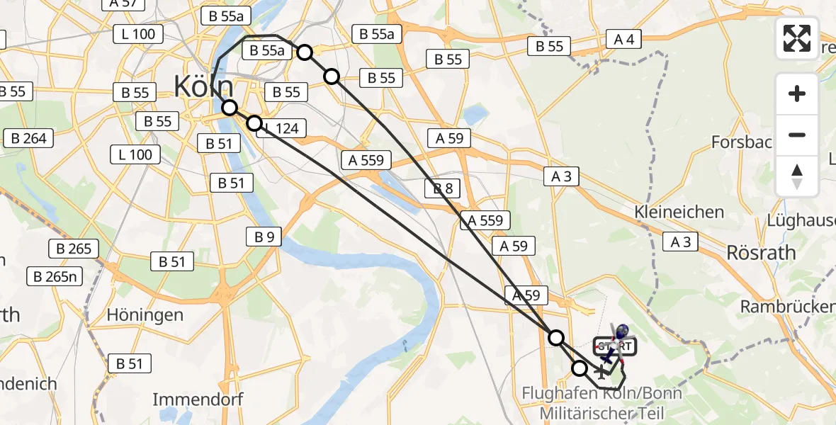 Flugroute Polizeihubschrauber Köln Bonn Flughafen - Köln Bonn Flughafen, 05 Juli 2026, 19:07