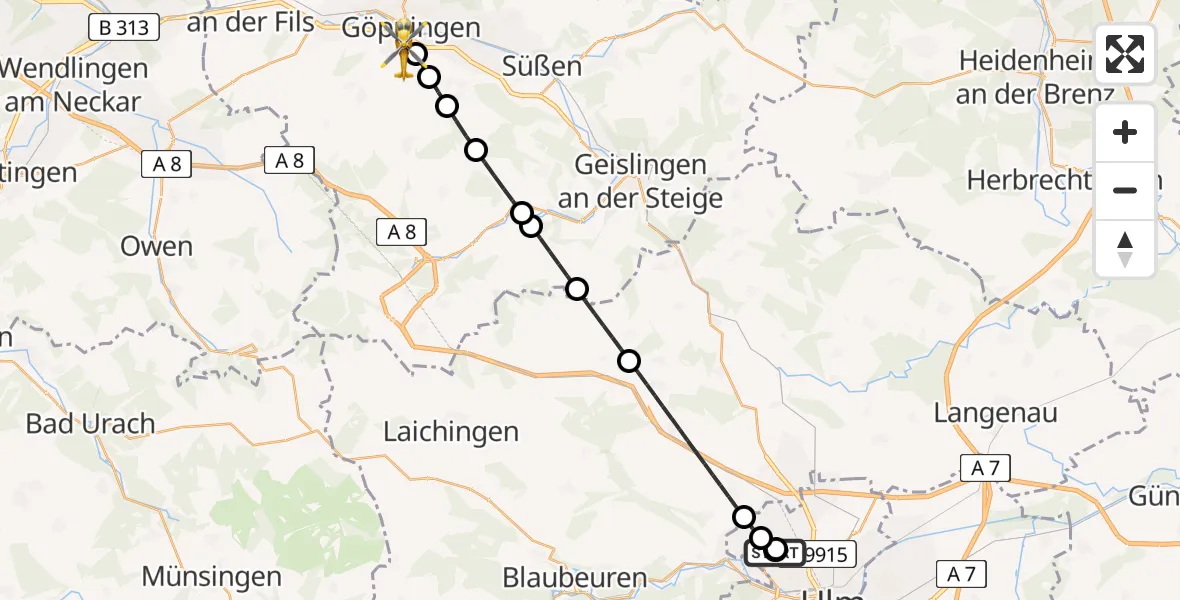 Flugroute Rettungshubschrauber Ulm Military Hospital Emergency - Göppingen, 05 Juli 2026, 19:09
