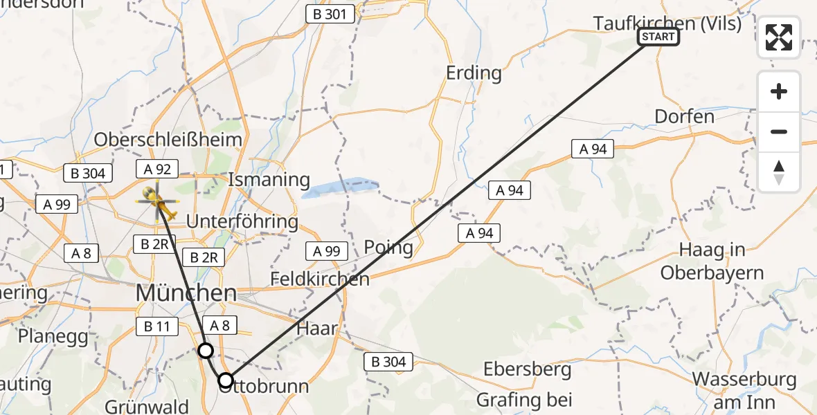 Flugroute Rettungshubschrauber Taufkirchen (Vils) - München, 05 Juli 2026, 19:11