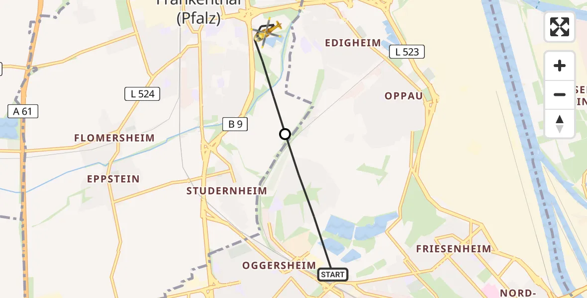 Flugroute Rettungshubschrauber Ludwigshafen am Rhein - Frankenthal (Pfalz), 05 Juli 2026, 19:14
