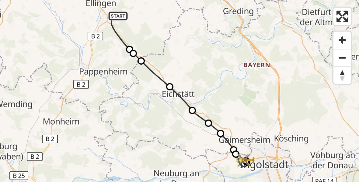 Flugroute Rettungshubschrauber Weißenburg i.Bay. - Ingolstadt Hospital, 05 Juli 2026, 19:16