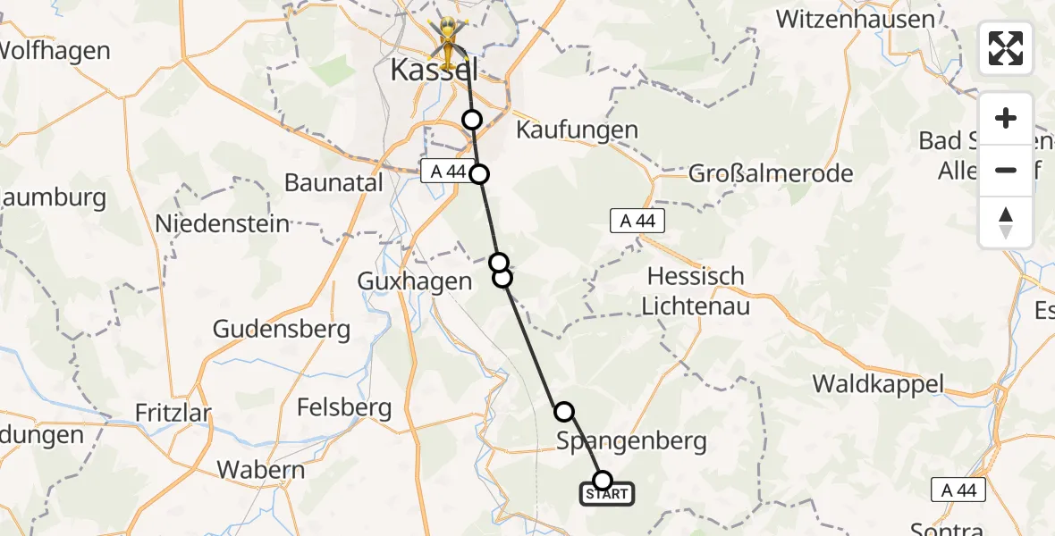 Flugroute Rettungshubschrauber Morschen - Kassel, 05 Juli 2026, 19:17