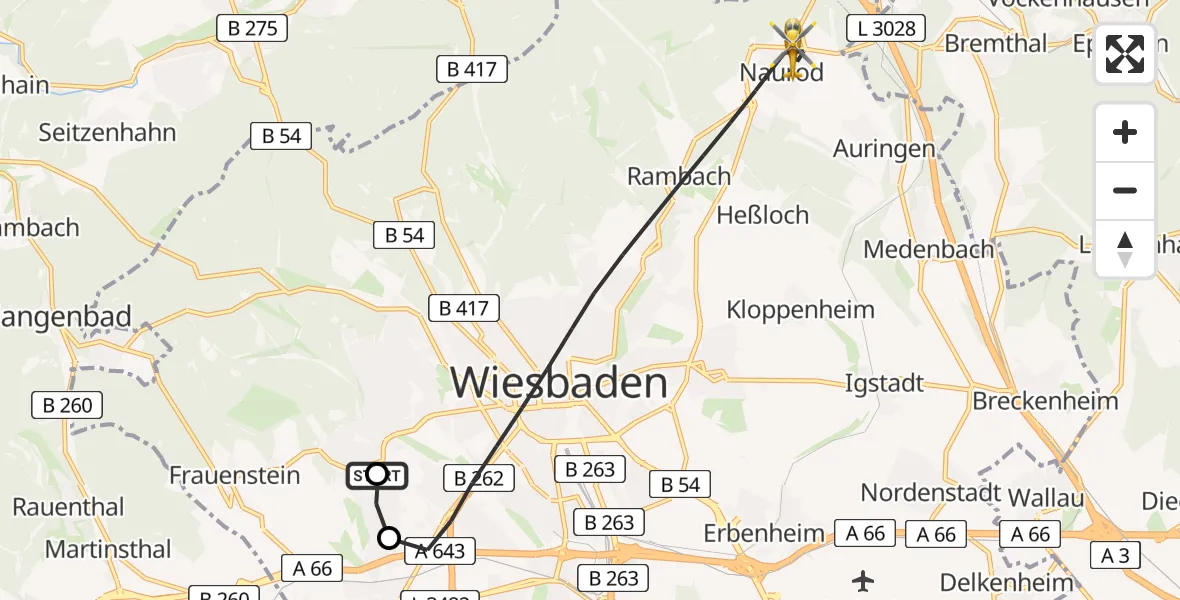 Flugroute Rettungshubschrauber Helios Horst Schmidt Clinic (HSK) - Wiesbaden, 05 Juli 2026, 19:18
