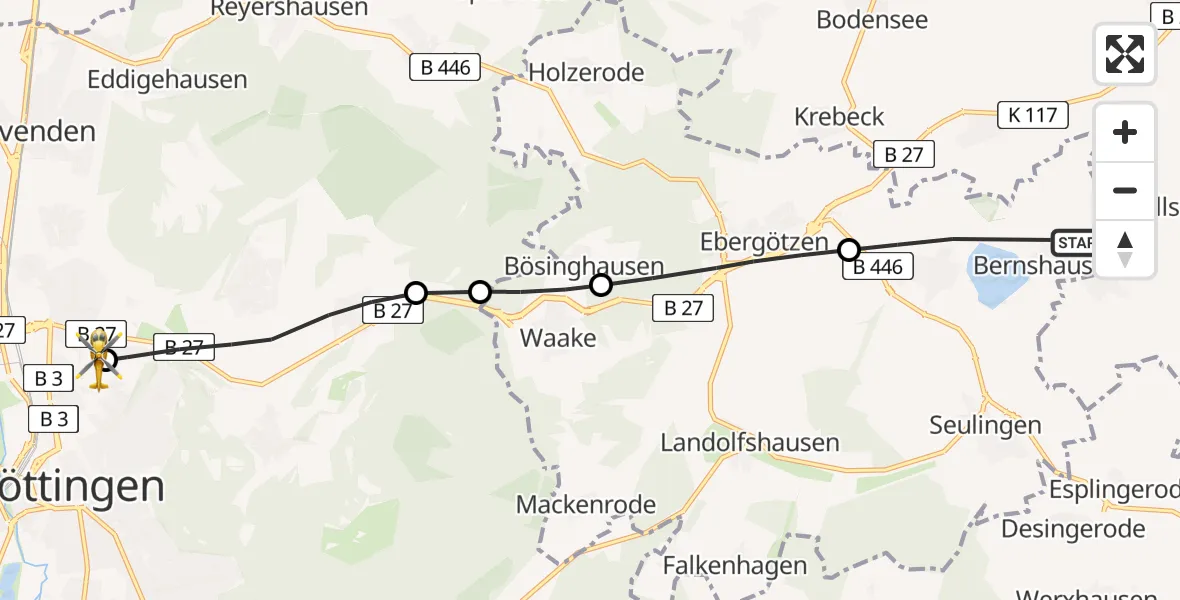 Flugroute Rettungshubschrauber Seeburg - Göttingen University Clinic Hubschrauberlandeplatz, 05 Juli 2026, 19:26