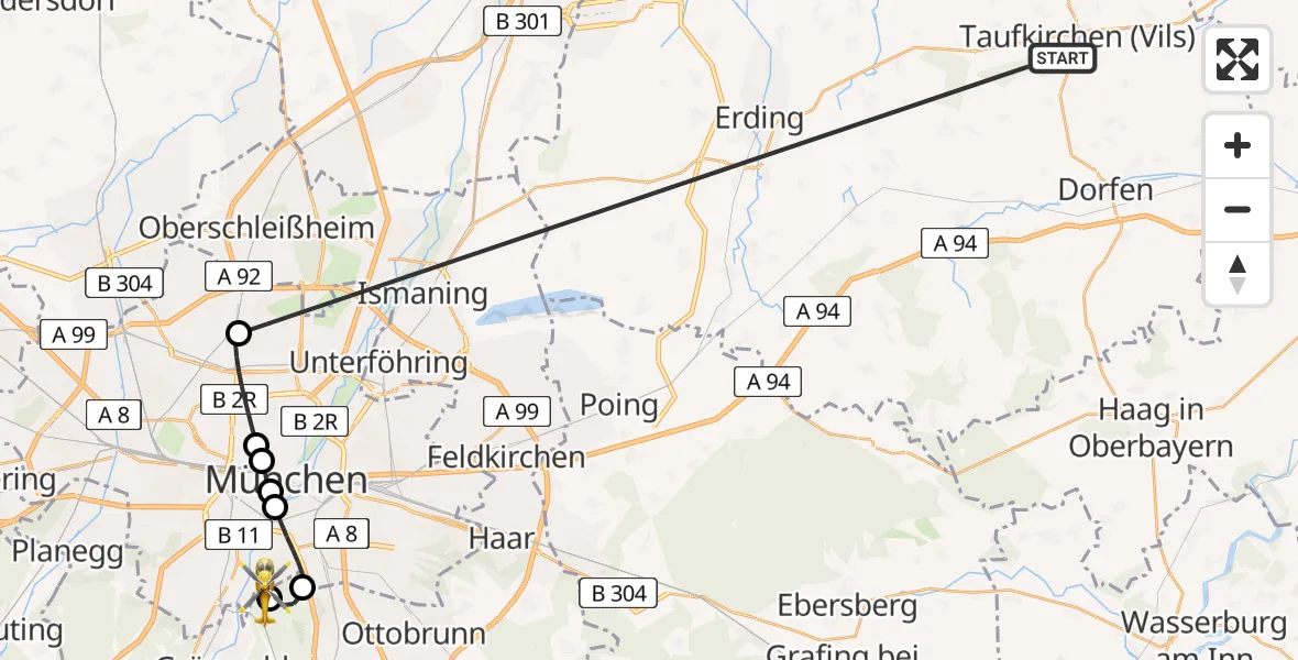 Flugroute Rettungshubschrauber Taufkirchen (Vils) - ADAC Air Rescue Center Hubschrauberlandeplatz (Christoph 1), 05 Juli 2026, 19:45