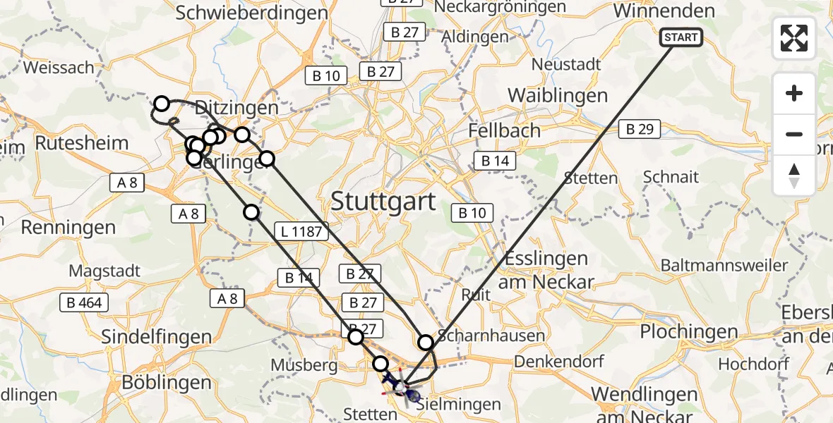 Flugroute Polizeihubschrauber Winnenden - Flughafen Stuttgart, 05 Juli 2026, 19:51