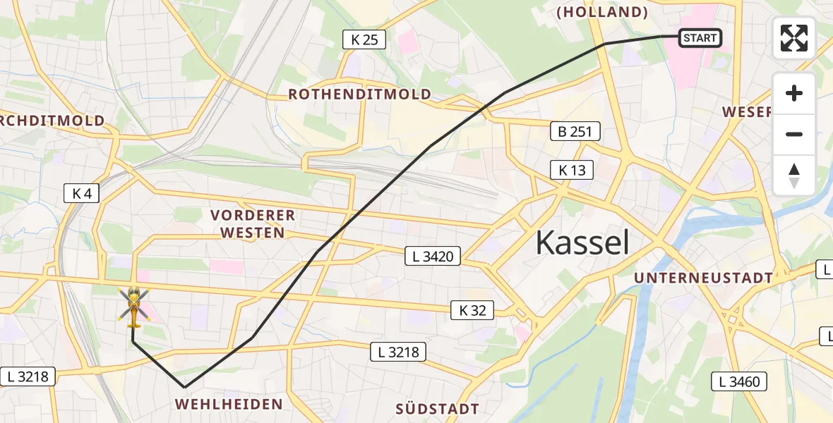 Flugroute Rettungshubschrauber Kassel - Kassel, 05 Juli 2026, 19:52