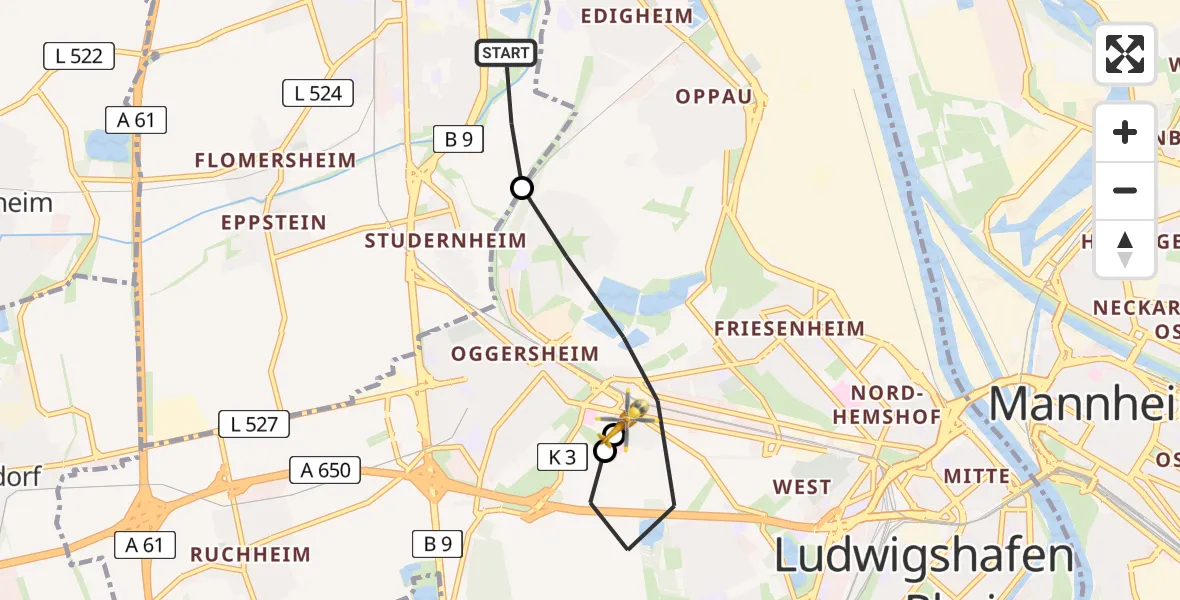 Flugroute Rettungshubschrauber Frankenthal (Pfalz) - Ludwigshafen Accident Hospital, 05 Juli 2026, 19:53