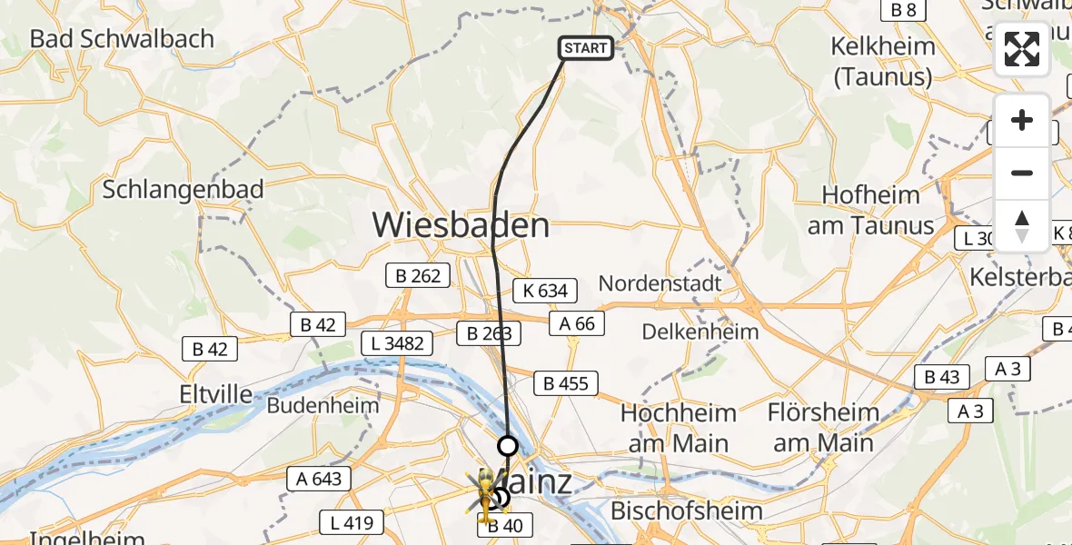 Flugroute Rettungshubschrauber Wiesbaden - Mainz University Hospital, 05 Juli 2026, 20:03