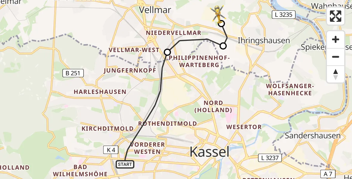 Flugroute Rettungshubschrauber Kassel - Fuldatal Bundespolizei Hubschrauberlandeplatz, 05 Juli 2026, 20:04
