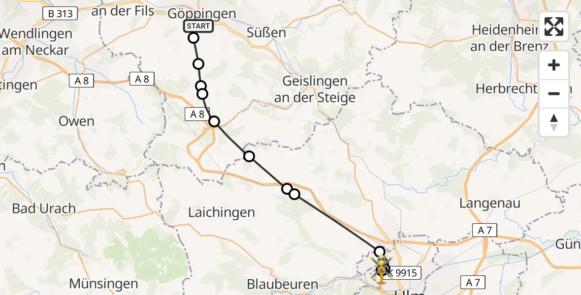 Flugroute Rettungshubschrauber Göppingen - ADAC Air Rescue Station Ulm (Christoph 22), 05 Juli 2026, 20:39