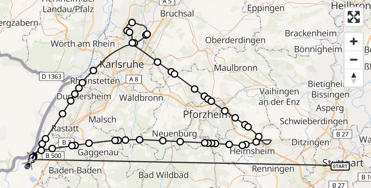 Flugroute Polizeihubschrauber Stuttgart - Karlsruhe Baden-Baden Flughafen, 05 Juli 2026, 21:12