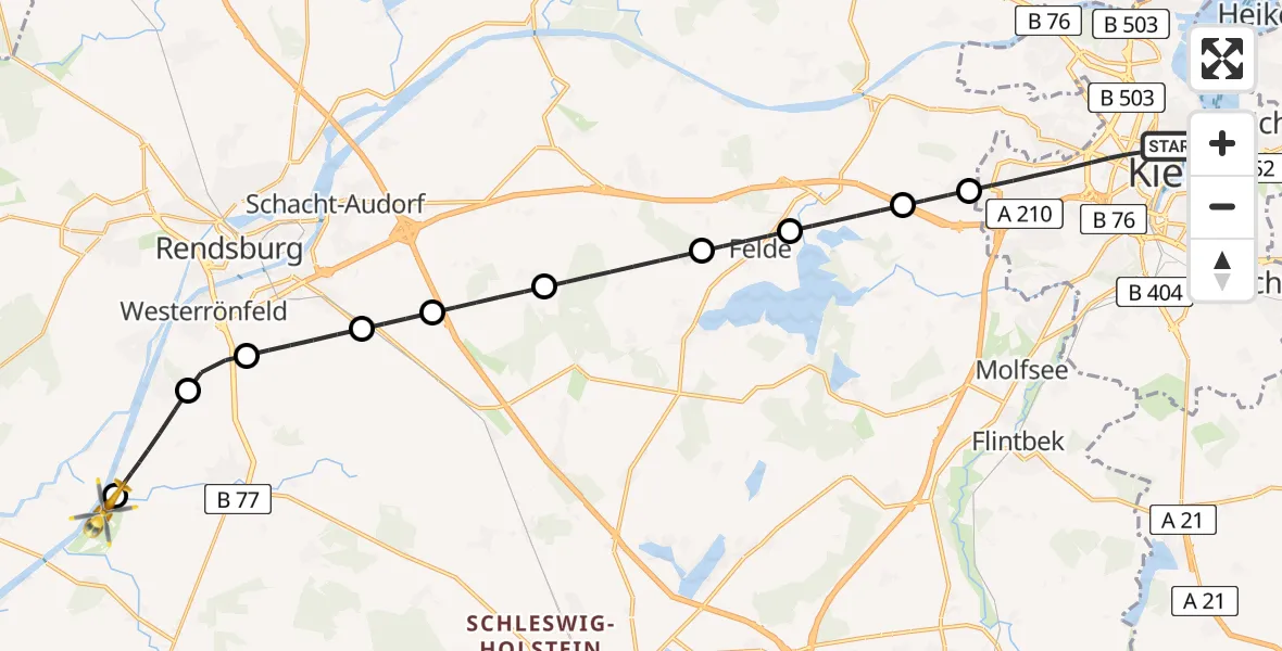 Flugroute Ambulanzhubschrauber Kiel - Rendsburg-Schachtholm Flugplatz, 05 Juli 2026, 21:17