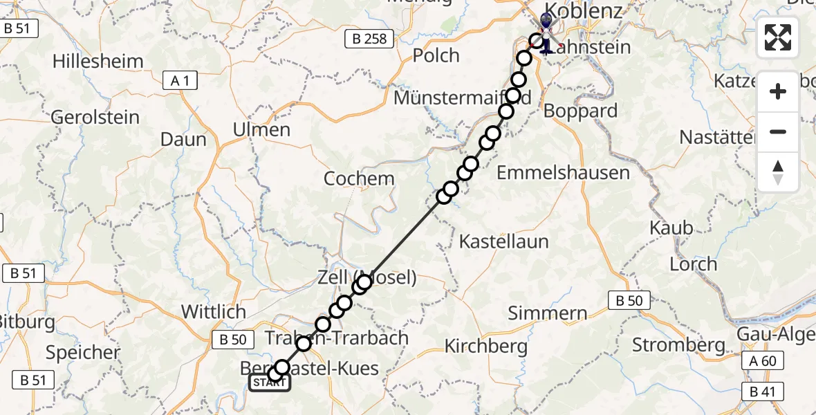Flugroute Polizeihubschrauber Brauneberg - Koblenz-Winningen Flugplatz, 05 Juli 2026, 21:23