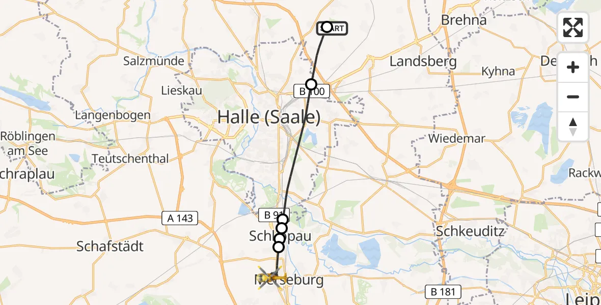 Flugroute Rettungshubschrauber Halle-Oppin Flugplatz - Merseburg, 05 Juli 2026, 22:32