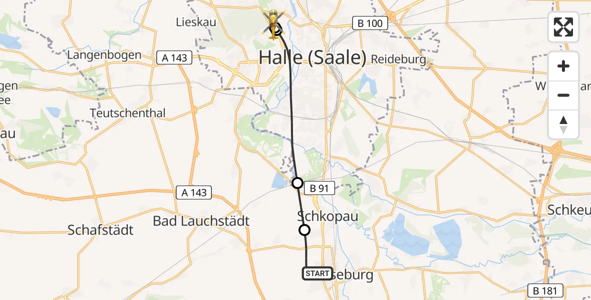 Flugroute Rettungshubschrauber Merseburg - Halle (Saale) University Hospital, 05 Juli 2026, 23:19