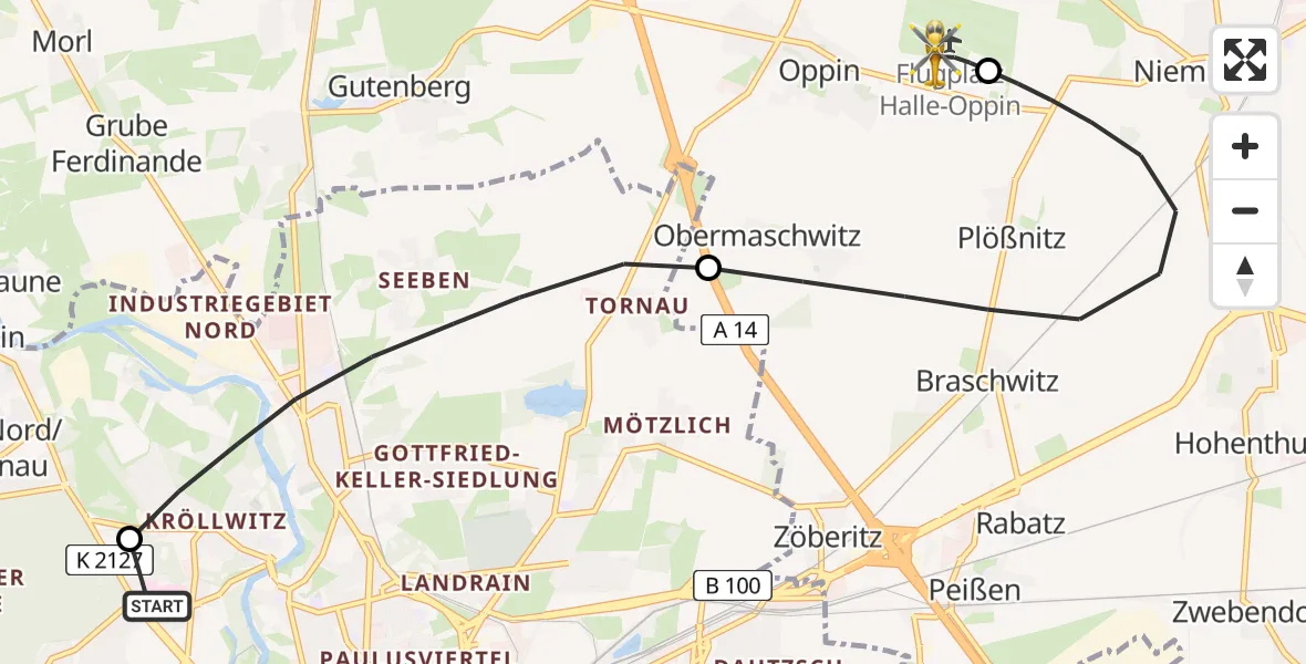 Flugroute Rettungshubschrauber Halle (Saale) University Hospital - Halle-Oppin Flugplatz, 06 Juli 2026, 00:04