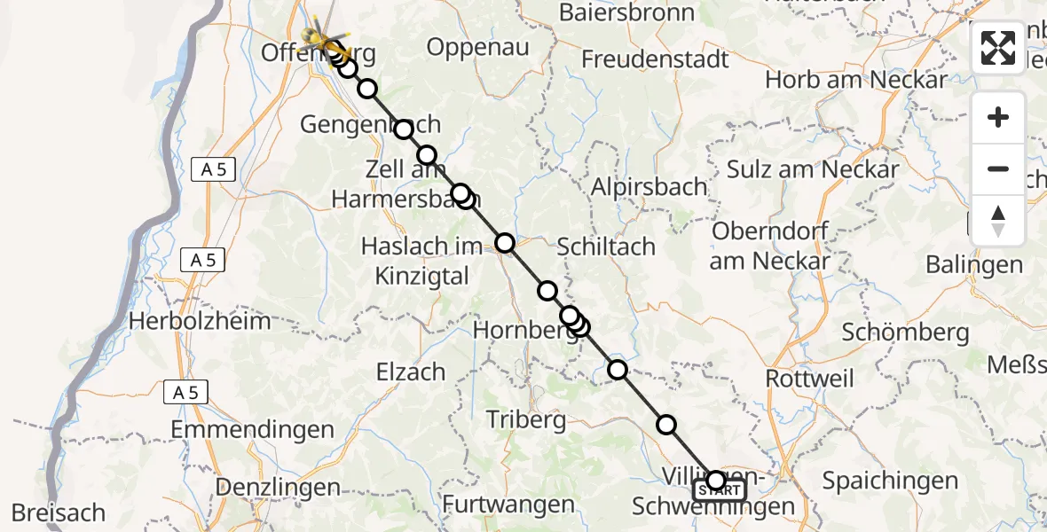 Flugroute Ambulanzhubschrauber DRF Air Rescue Station Villingen-Schwenningen Hubschrauberlandeplatz (Christoph 11) - Offenburg, 06 Juli 2026, 00:41