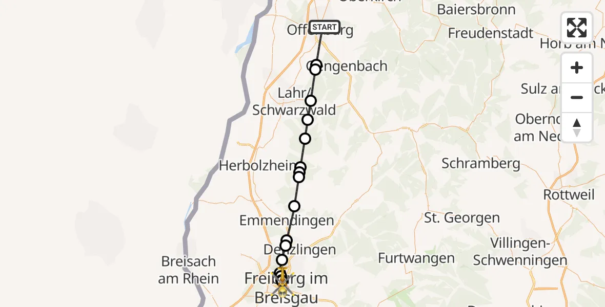 Flugroute Ambulanzhubschrauber Offenburg - Freiburg University Hospital Heliport 1, 06 Juli 2026, 01:22