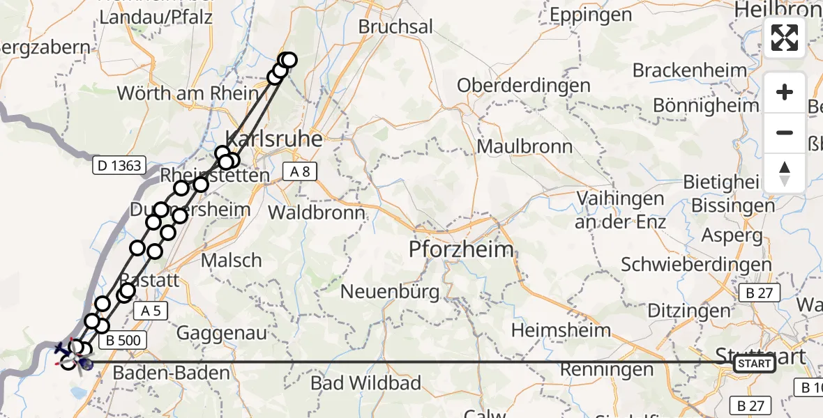 Flugroute Polizeihubschrauber Stuttgart - Karlsruhe Baden-Baden Flughafen, 06 Juli 2026, 01:59