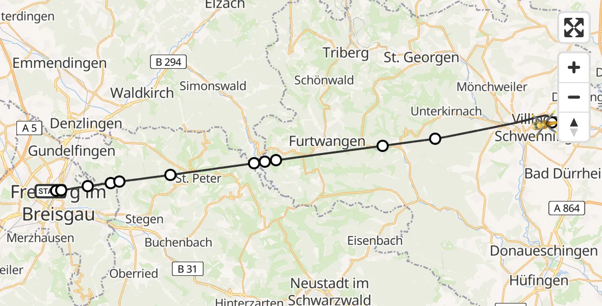 Flugroute Ambulanzhubschrauber Freiburg University Hospital Heliport 1 - DRF Air Rescue Station Villingen-Schwenningen Hubschrauberlandeplatz (Christoph 11), 06 Juli 2026, 02:08