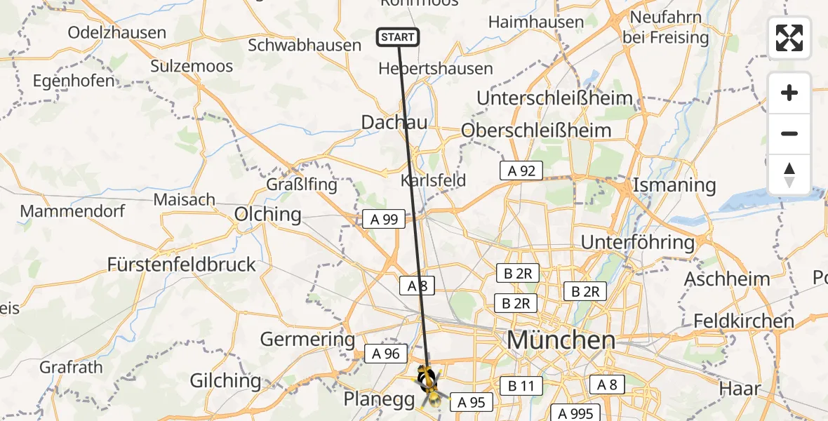 Flugroute Rettungshubschrauber Röhrmoos - DRF Air Rescue München Hubschrauberlandeplatz, 06 Juli 2026, 02:28