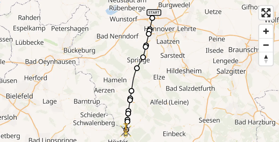 Flugroute Rettungshubschrauber Flughafen Hannover - Holzminden, 06 Juli 2026, 03:39