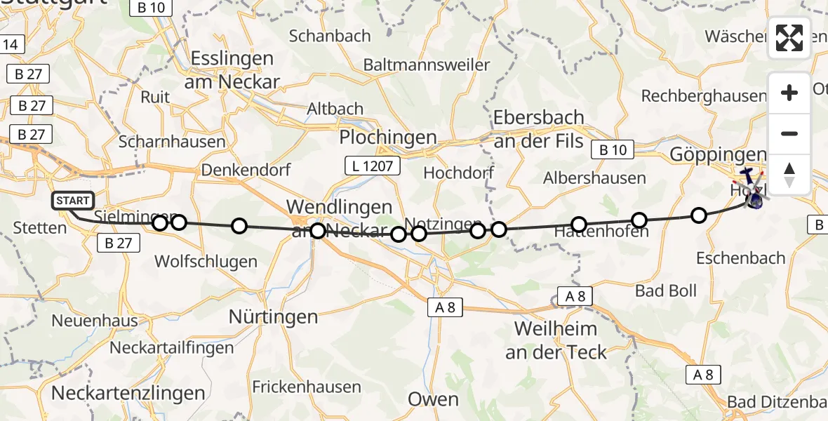 Flugroute Polizeihubschrauber Flughafen Stuttgart - Göppingen, 06 Juli 2026, 05:05