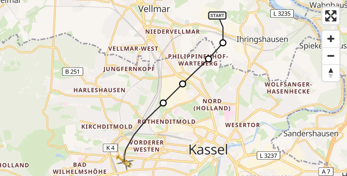 Flugroute Rettungshubschrauber Fuldatal Bundespolizei Hubschrauberlandeplatz - Kassel, 06 Juli 2026, 05:07