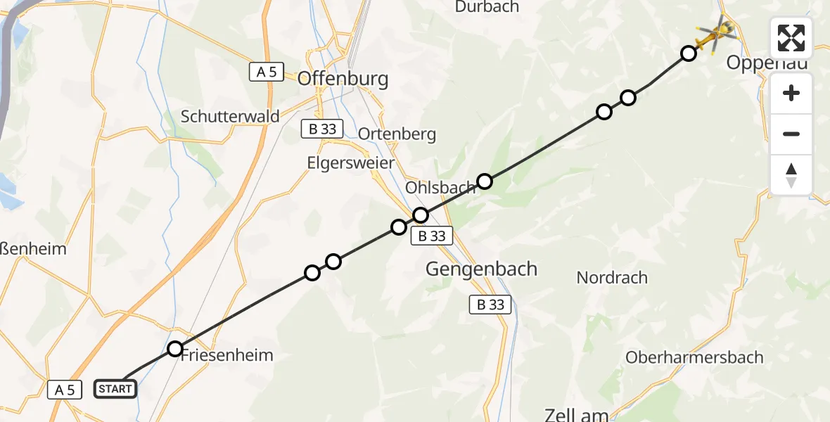 Flugroute Rettungshubschrauber Lahr Flughafen - Oppenau, 06 Juli 2026, 05:15