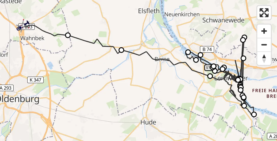 Flugroute Polizeihubschrauber Berne - Rastede, 06 Juli 2026, 05:18