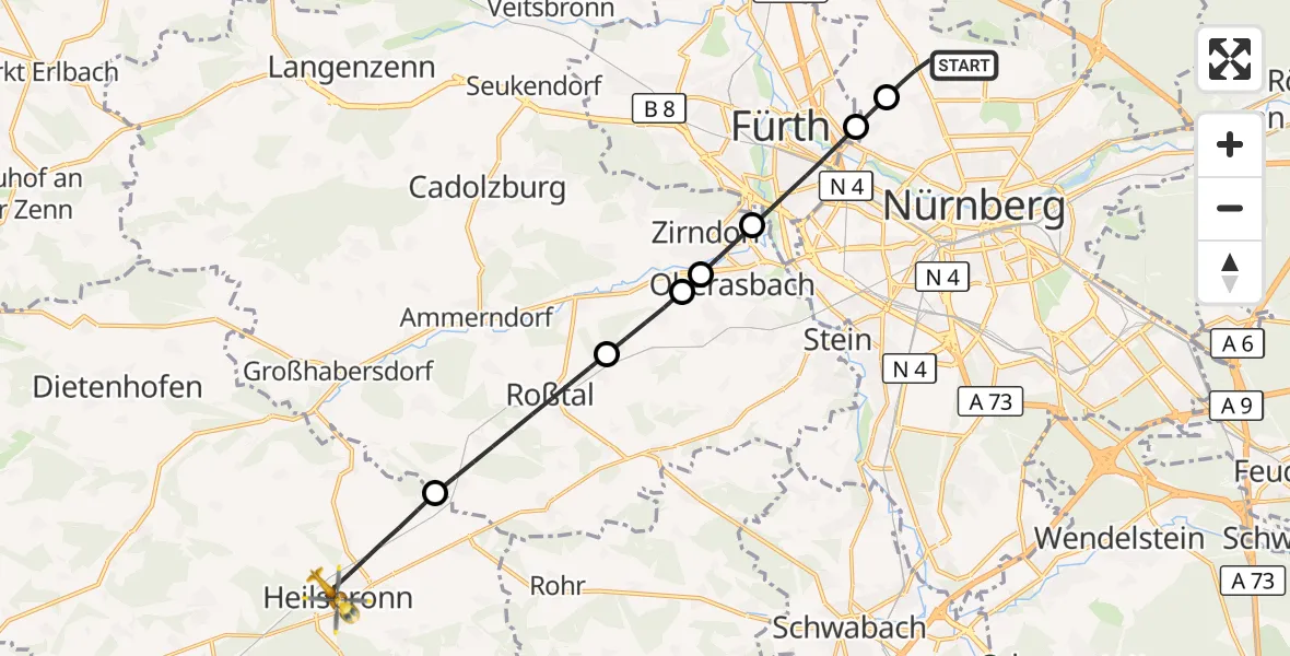 Flugroute Ambulanzhubschrauber Flughafen Nuremberg - Heilsbronn, 06 Juli 2026, 05:31