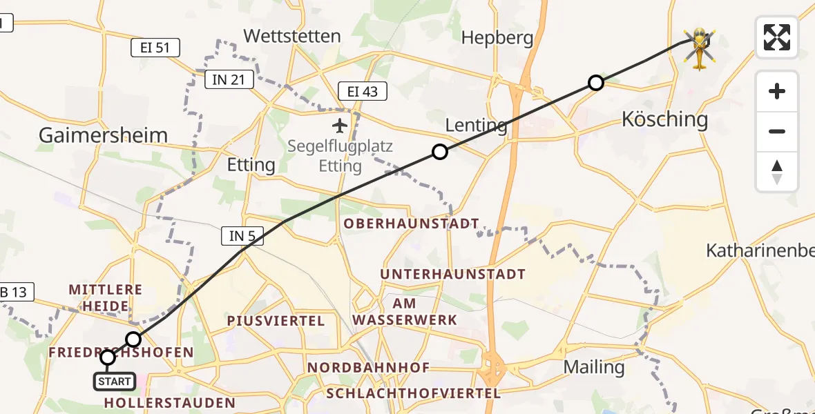Flugroute Rettungshubschrauber Ingolstadt Hospital - Kösching, 06 Juli 2026, 05:32