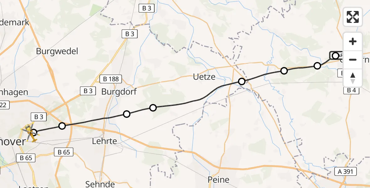 Flugroute Rettungshubschrauber Gifhorn Bundespolizei Hubschrauberlandeplatz - Hannover Luftrettung Hubschrauberlandeplatz (Christoph 4), 06 Juli 2026, 05:33