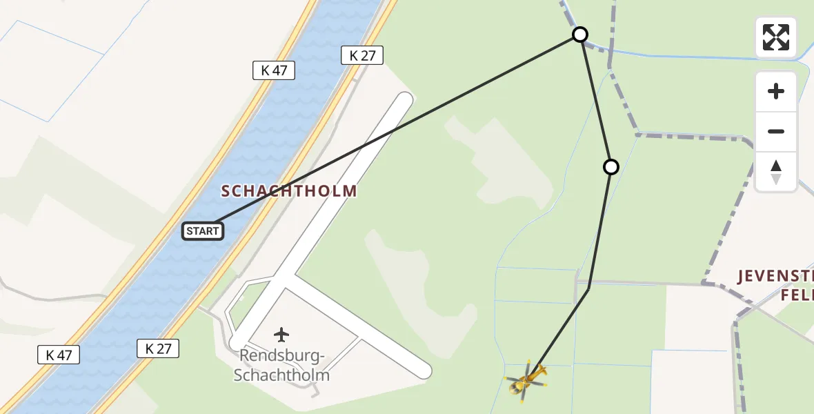 Flugroute Ambulanzhubschrauber Rendsburg-Schachtholm Flugplatz - Hörsten, 06 Juli 2026, 05:43
