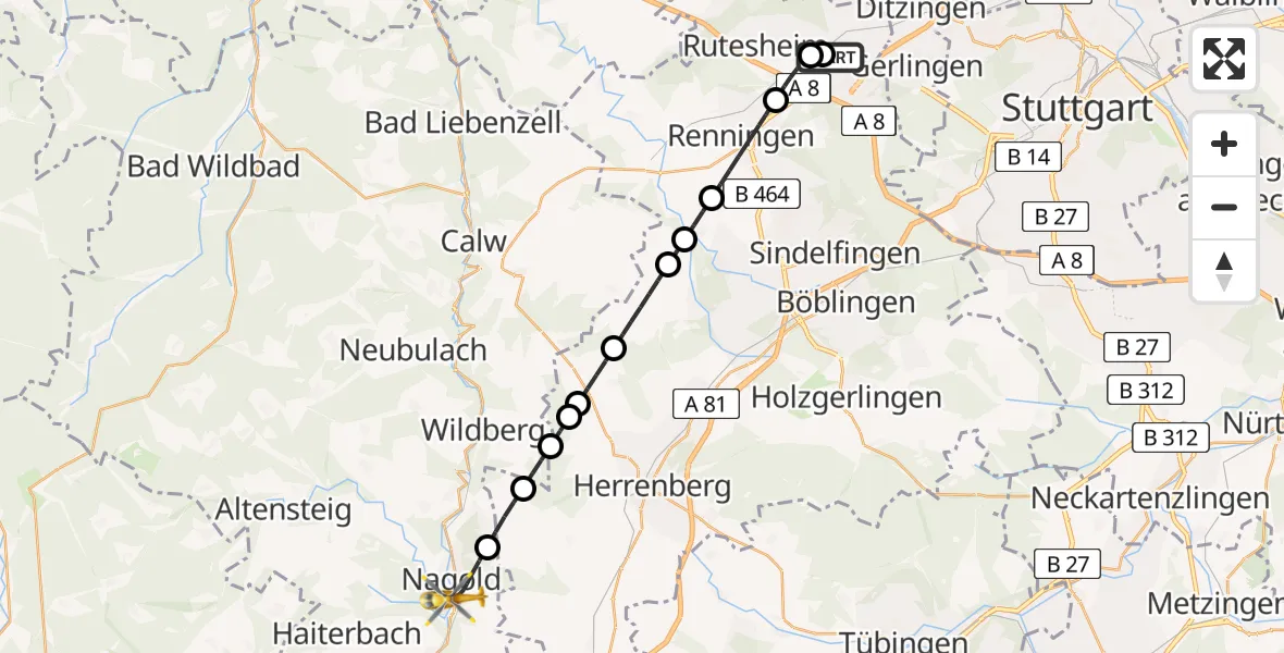Flugroute Rettungshubschrauber Leonberg Hospital - Nagold, 06 Juli 2026, 05:46