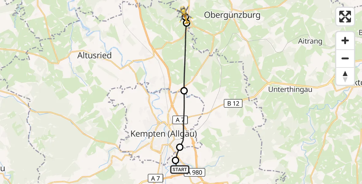 Flugroute Rettungshubschrauber Kempten-Durach Flugplatz - Untrasried, 06 Juli 2026, 06:00