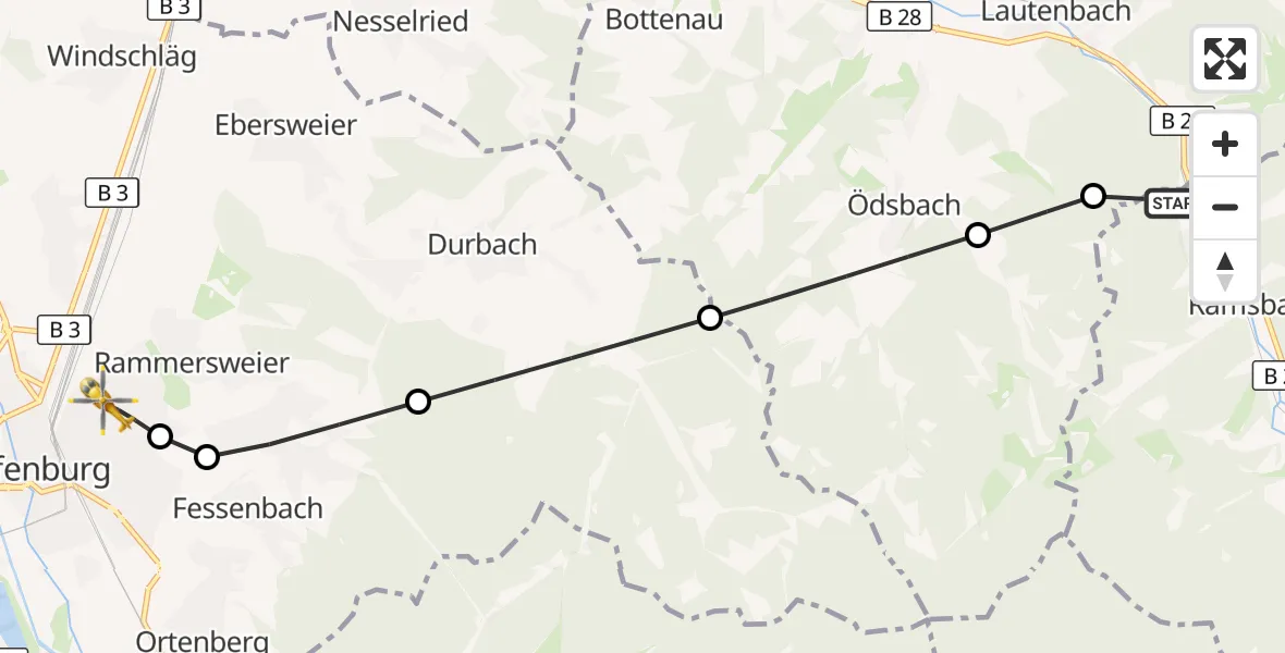 Flugroute Rettungshubschrauber Oppenau - Offenburg, 06 Juli 2026, 06:01