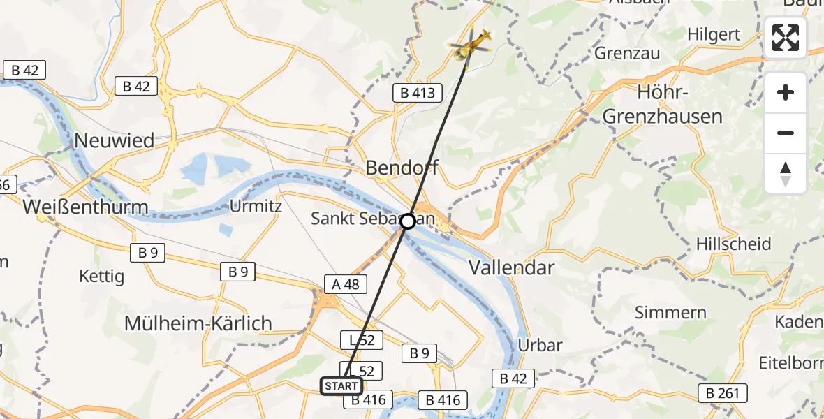 Flugroute Rettungshubschrauber Koblenz - Bendorf, 06 Juli 2026, 06:02