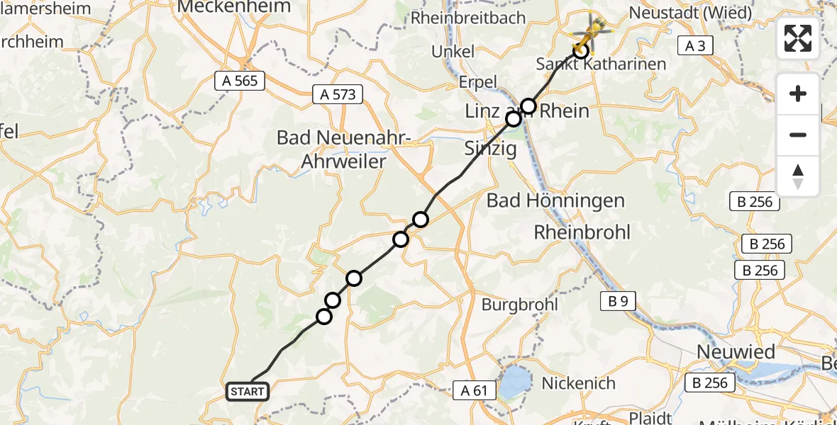 Flugroute Ambulanzhubschrauber Heckenbach - Vettelschoß, 06 Juli 2026, 06:05