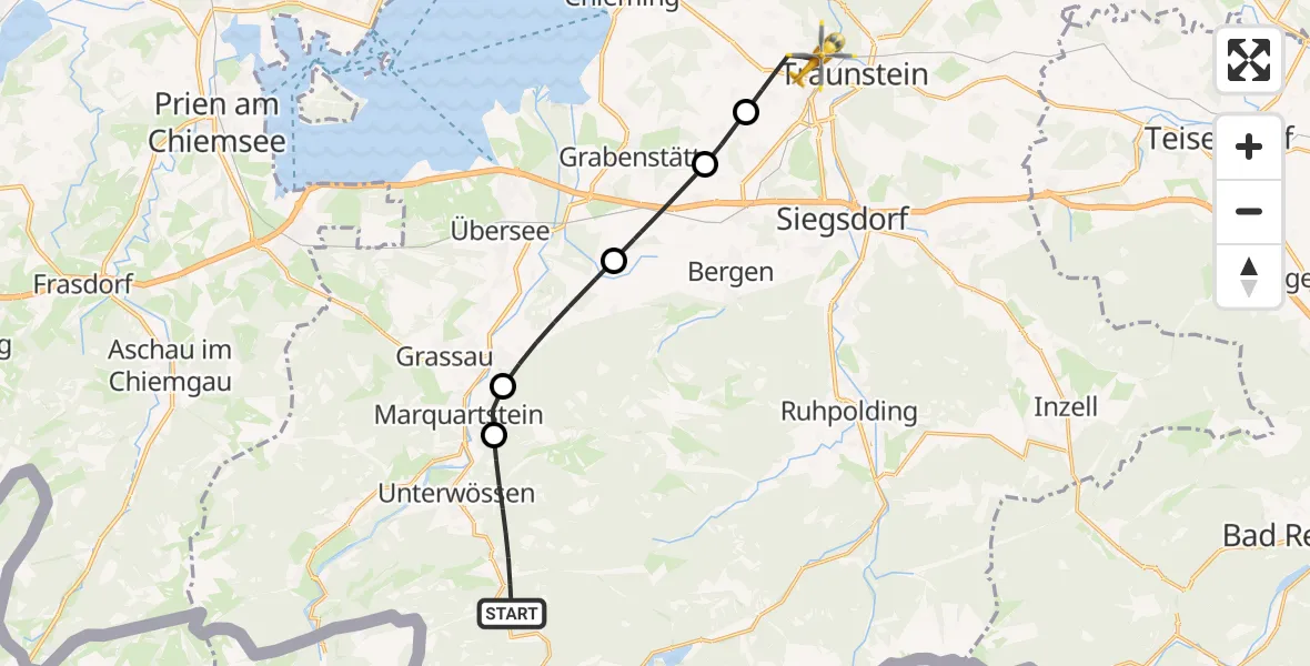Flugroute Rettungshubschrauber Unterwössen - Traunstein Hospital, 06 Juli 2026, 06:08