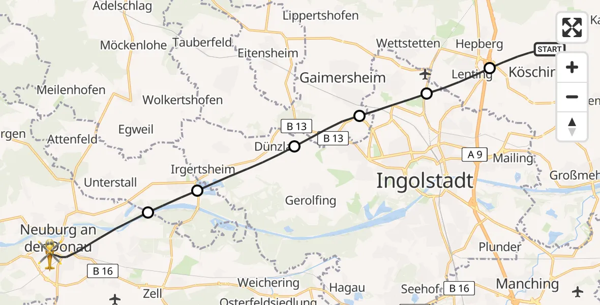 Flugroute Rettungshubschrauber Kösching - Neuburg a.d.Donau, 06 Juli 2026, 06:09