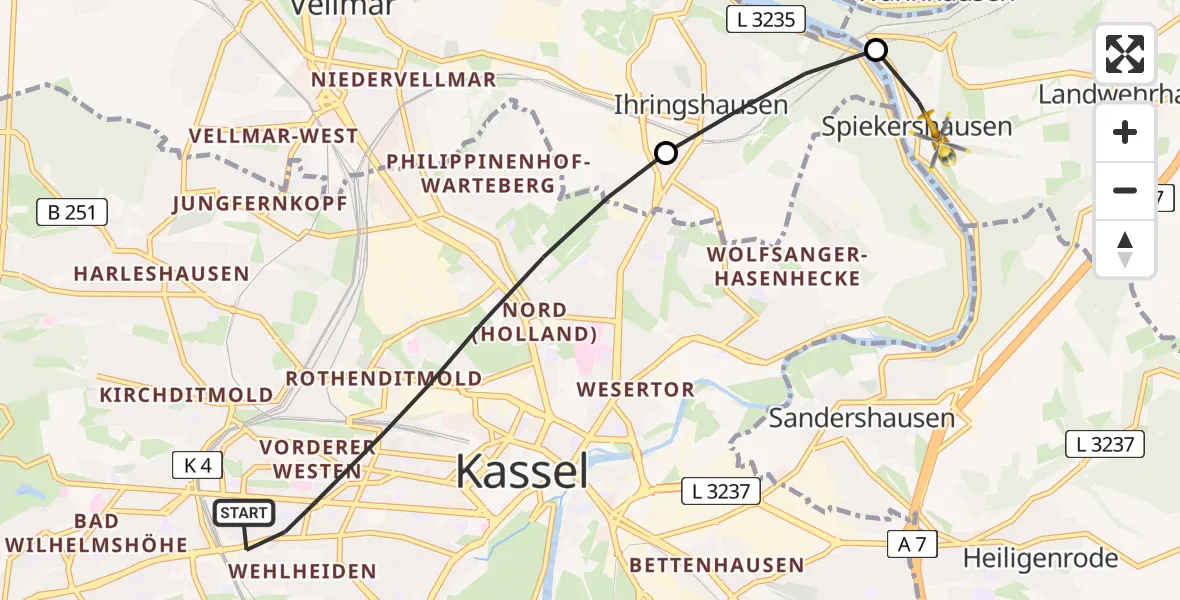 Flugroute Rettungshubschrauber Kassel - Staufenberg, 06 Juli 2026, 06:11