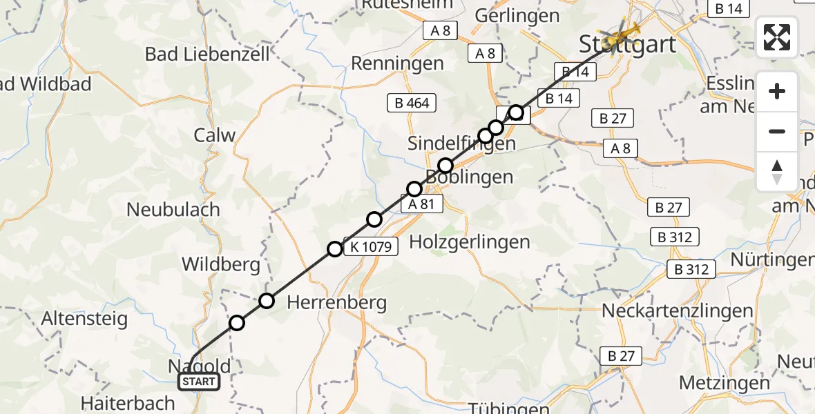 Flugroute Rettungshubschrauber Nagold - Stuttgart, 06 Juli 2026, 06:21